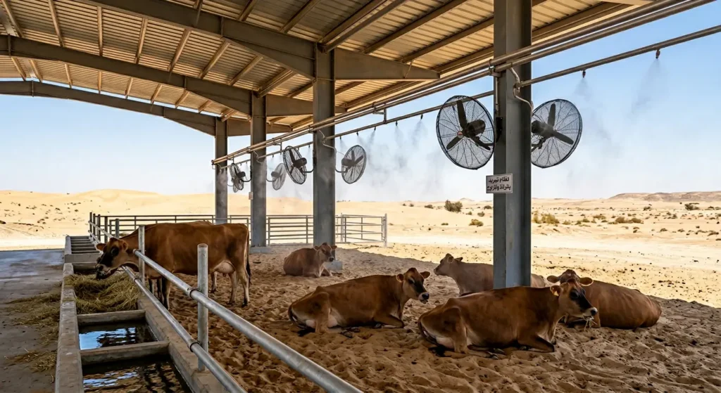  أبقار جيرسي ترتاح تحت مظلة مجهزة بمراوح ونظام رذاذ للتبريد في بيئة صحراوية حارة