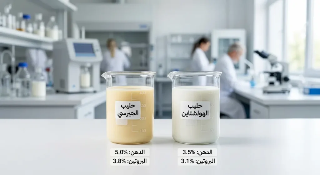 مقارنة واقعية بين حليب الجيرسي الذهبي وحليب الهولشتاين الأبيض مع نسب الدهن والبروتين في كل منهما