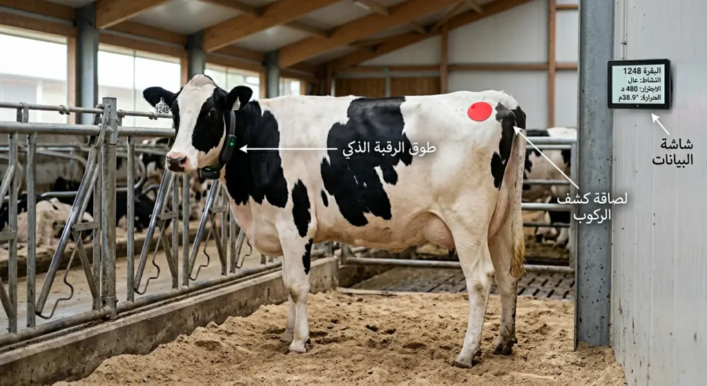 بقرة هولشتاين مزودة بطوق رقبة ذكي ولصاقة كشف ركوب داخل حظيرة حديثة كأدوات تقنية لاكتشاف الشياع