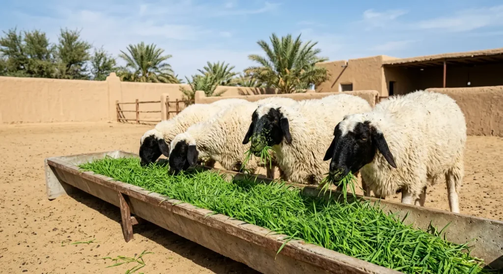 أغنام نجدية في حظيرة تتناول بشهية العلف المائي الأخضر المستنبت.