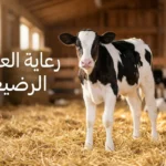 عجل هولشتاين رضيع صحي يقف على قش نظيف في حظيرة مضاءة، مع عنوان "رعاية العجول الرضيعة".