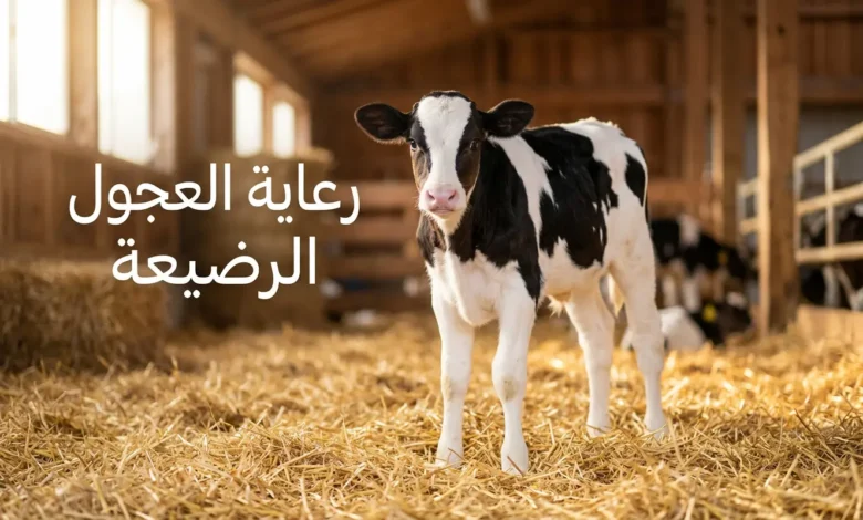 عجل هولشتاين رضيع صحي يقف على قش نظيف في حظيرة مضاءة، مع عنوان "رعاية العجول الرضيعة".
