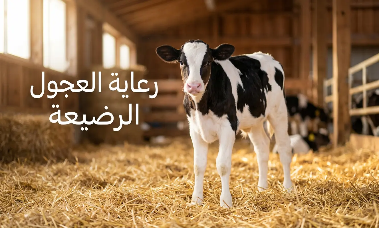 عجل هولشتاين رضيع صحي يقف على قش نظيف في حظيرة مضاءة، مع عنوان "رعاية العجول الرضيعة".