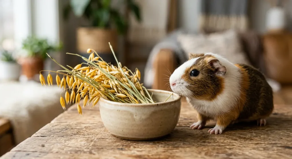 كمية صغيرة من تبن الشوفان برؤوس بذوره الذهبية المميزة في وعاء صغير بجانب خنزير غينيا ينظر إليه باهتمام