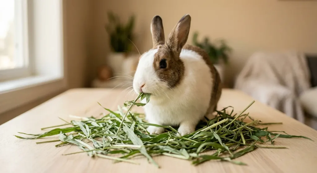 أرنب أليف يأكل تبن البساتين ذا الأوراق العريضة الناعمة والسيقان المسطحة المرنة بشهية واضحة