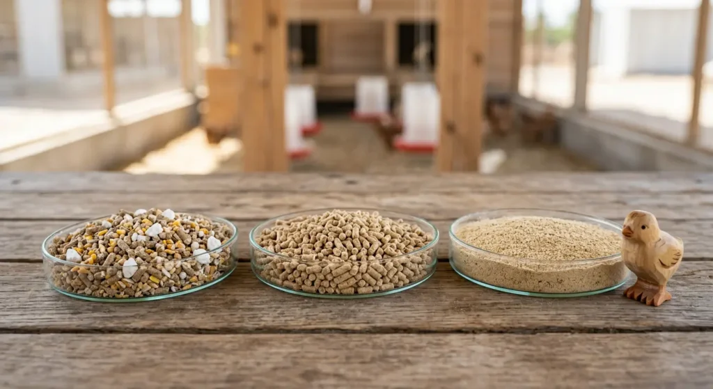 ثلاثة أطباق تحتوي على علف ناعم للبادئ، ومحبب صغير للنامي، ومحبب خشن مضاف له كالسيوم.