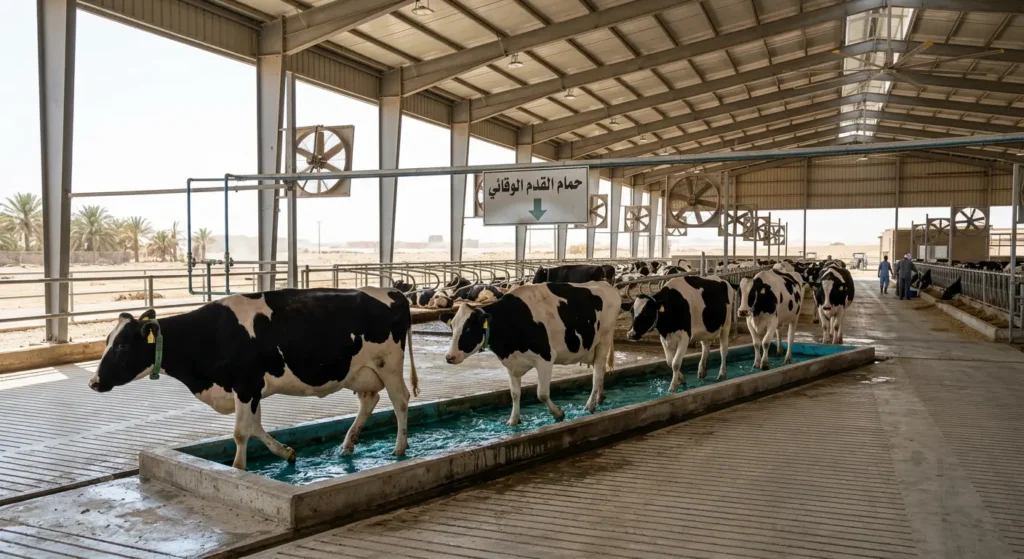 أبقار هولشتاين تمر عبر حمام قدم وقائي بمحلول كبريتات النحاس داخل حظيرة حديثة في مناخ حار شبيه بالمناخ السعودي