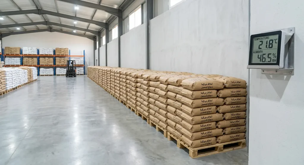 أكياس علف مخزنة بشكل صحيح على منصات خشبية بعيداً عن الجدران داخل مستودع نظيف.