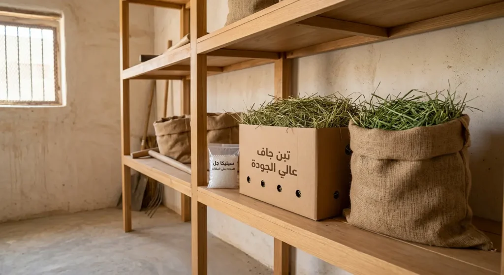 منطقة تخزين تبن منزلية مثالية تحتوي على أكياس قماشية وصناديق كرتونية بفتحات تهوية في مكان جاف ومظلل