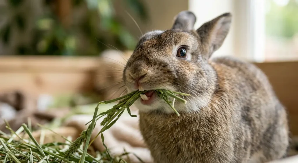 أرنب أليف يمضغ سيقان تبن تيموثي بحركة جانبية تساعد في برد أسنانه دائمة النمو