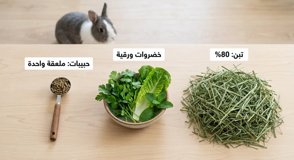 تنظيم وجبة أرنب يومية يُظهر التبن كمكون أساسي بنسبة 80% مع خضروات ورقية وملعقة واحدة فقط من الحبيبات