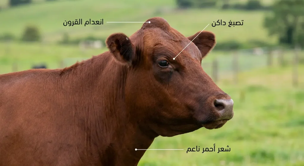 صورة مقربة لرأس وجسم بقرة ريد بول تُظهر التصبغ الجلدي الداكن وانعدام القرون والشعر الأحمر الناعم