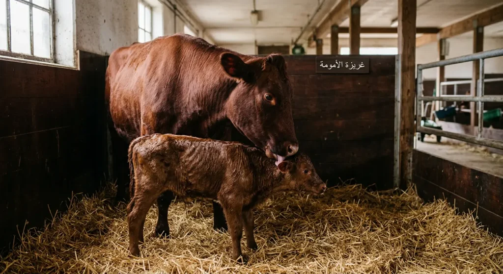 بقرة ريد بول أم تلعق عجلها حديث الولادة وترضعه في حظيرة نظيفة مفروشة بالقش