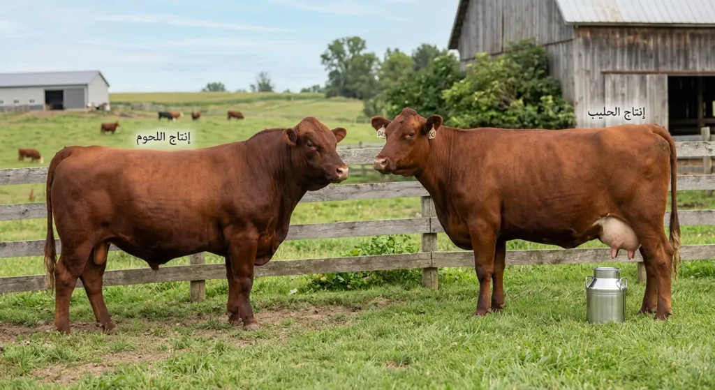  بقرة ريد بول في مزرعة تُظهر قدرتها على الإنتاج المزدوج من الحليب واللحوم