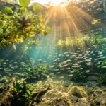 مجموعة من الأسماك الفضية الصغيرة تسبح في مياه نهر استوائي صافية محاطة بنباتات مائية خضراء عائمة وأشعة شمس تخترق سطح الماء