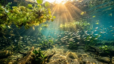 مجموعة من الأسماك الفضية الصغيرة تسبح في مياه نهر استوائي صافية محاطة بنباتات مائية خضراء عائمة وأشعة شمس تخترق سطح الماء