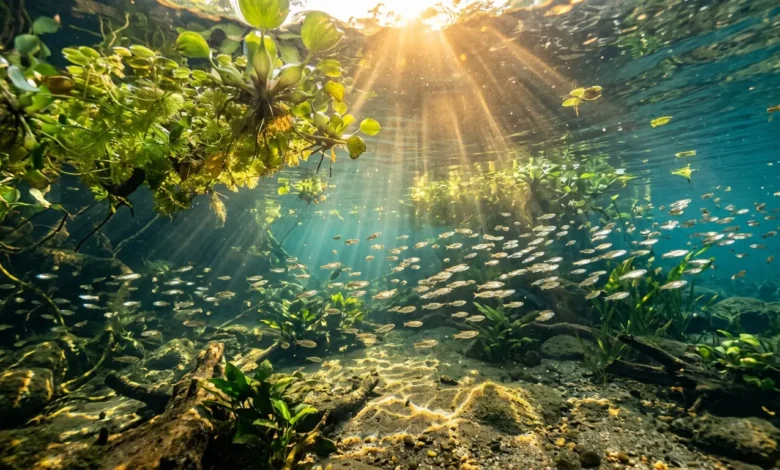 مجموعة من الأسماك الفضية الصغيرة تسبح في مياه نهر استوائي صافية محاطة بنباتات مائية خضراء عائمة وأشعة شمس تخترق سطح الماء