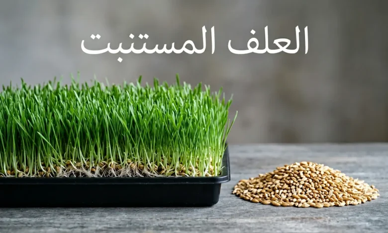 مقارنة بصرية بين كومة صغيرة من حبوب الشعير الجافة وبساط ضخم من العلف المستنبت الأخضر الناتج عنها.