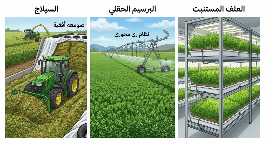 رسم توضيحي يقارن بين آلية إنتاج العلف المستنبت في صواني، وزراعة البرسيم في حقل، وصناعة السيلاج في صومعة.