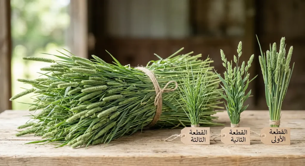 حزمة تبن تيموثي طازج بسيقانه الطويلة ورؤوسه السنبلية المميزة مع ثلاث عينات تمثل القطعة الأولى الخشنة والثانية المتوازنة والثالثة الناعمة