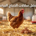 دجاجة إيزا براون بنية اللون تقف على فرشة نظيفة بجانب بيض بني طازج داخل عنبر دواجن حديث — غلاف مقال أفضل سلالات الدجاج البياض