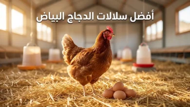 دجاجة إيزا براون بنية اللون تقف على فرشة نظيفة بجانب بيض بني طازج داخل عنبر دواجن حديث — غلاف مقال أفضل سلالات الدجاج البياض