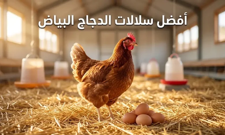 دجاجة إيزا براون بنية اللون تقف على فرشة نظيفة بجانب بيض بني طازج داخل عنبر دواجن حديث — غلاف مقال أفضل سلالات الدجاج البياض