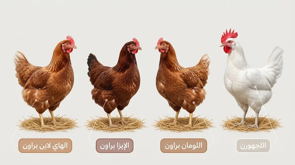 مقارنة بصرية بين أربع سلالات دجاج بياض تجاري: اللجهورن الأبيض واللومان براون والإيزا براون والهاي لاين براون