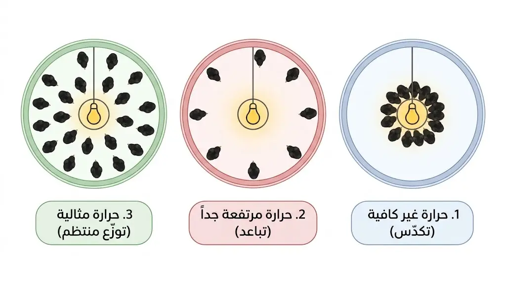 ثلاثة مخططات علوية توضح توزع كتاكيت الدندراوي حول مصدر الحرارة: تكدس يعني برودة، تباعد يعني حرارة زائدة، توزع منتظم يعني درجة حرارة مثالية