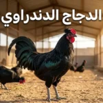 ديك دندراوي مصري أسود اللون ذو عرف كأسي مزدوج يقف في فناء مزرعة شبه مفتوحة تحت أشعة الشمس