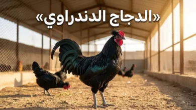 ديك دندراوي مصري أسود اللون ذو عرف كأسي مزدوج يقف في فناء مزرعة شبه مفتوحة تحت أشعة الشمس