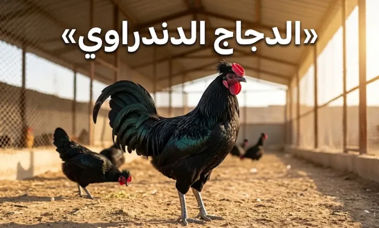ديك دندراوي مصري أسود اللون ذو عرف كأسي مزدوج يقف في فناء مزرعة شبه مفتوحة تحت أشعة الشمس