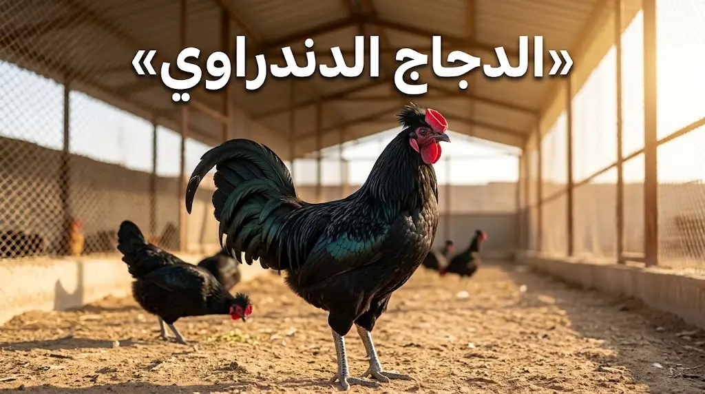 ديك دندراوي مصري أسود اللون ذو عرف كأسي مزدوج يقف في فناء مزرعة شبه مفتوحة تحت أشعة الشمس