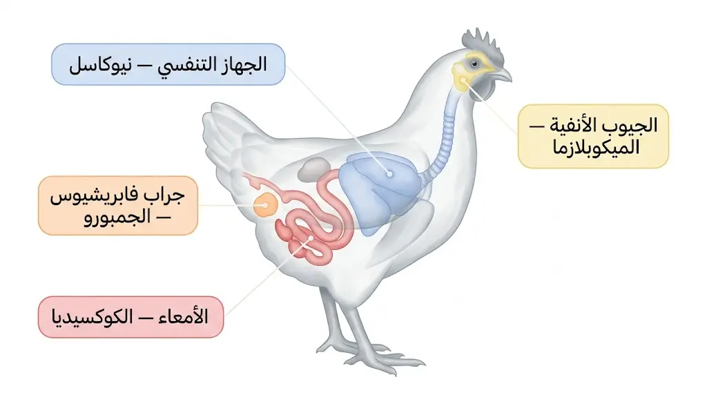 رسم بيطري يوضح الأعضاء المستهدفة بالأمراض الأربعة الرئيسة في الدجاج الدندراوي: الجهاز التنفسي وجراب فابريشيوس والأمعاء والجيوب الأنفية