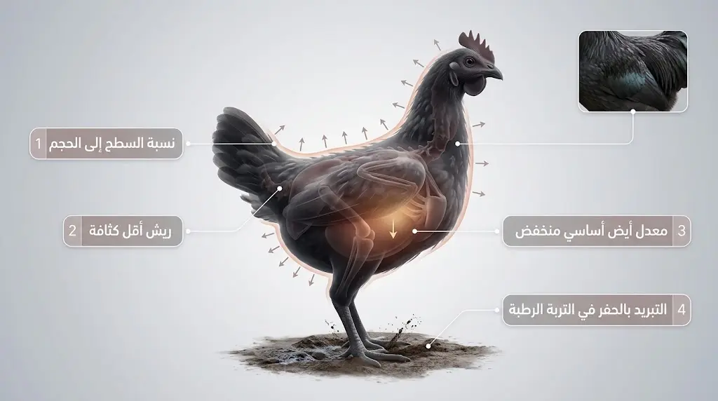 رسم ثلاثي الأبعاد يوضح آليات تحمل الحرارة في الدجاج الدندراوي: نسبة السطح إلى الحجم، كثافة الريش، معدل الأيض، وسلوك الحفر في التربة