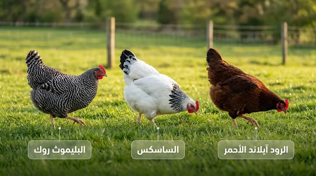ثلاث سلالات دجاج ثنائية الغرض في مزرعة مفتوحة: الرود آيلاند الأحمر والساسكس والبليموث روك المخطط
