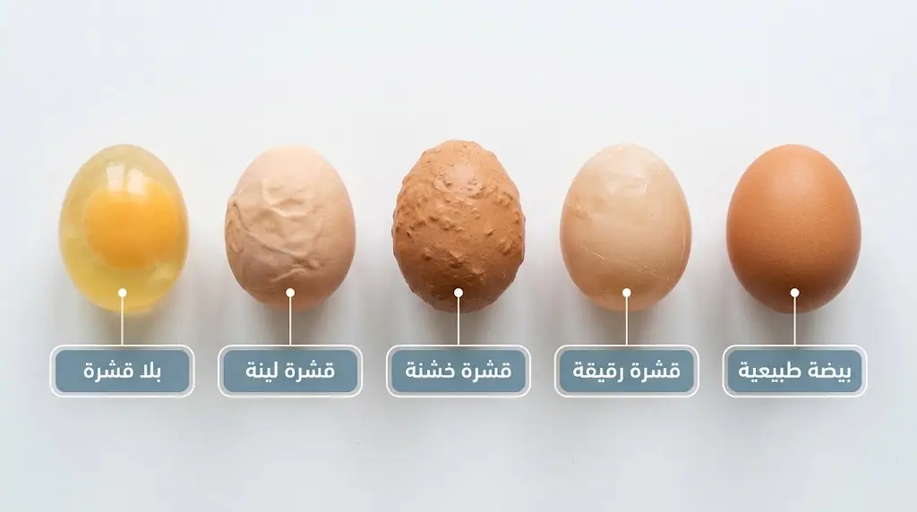 مقارنة بصرية بين بيضة طبيعية وبيض مشوه القشرة ناتج عن أمراض فيروسية تصيب قناة البيض في الدجاج البياض