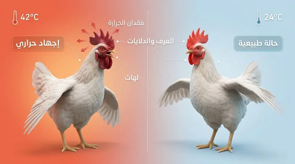 مقارنة بصرية بين دجاجة لجهورن في حالة طبيعية وأخرى تحت إجهاد حراري توضح آلية تبديد الحرارة عبر العرف والدلايات واللهاث