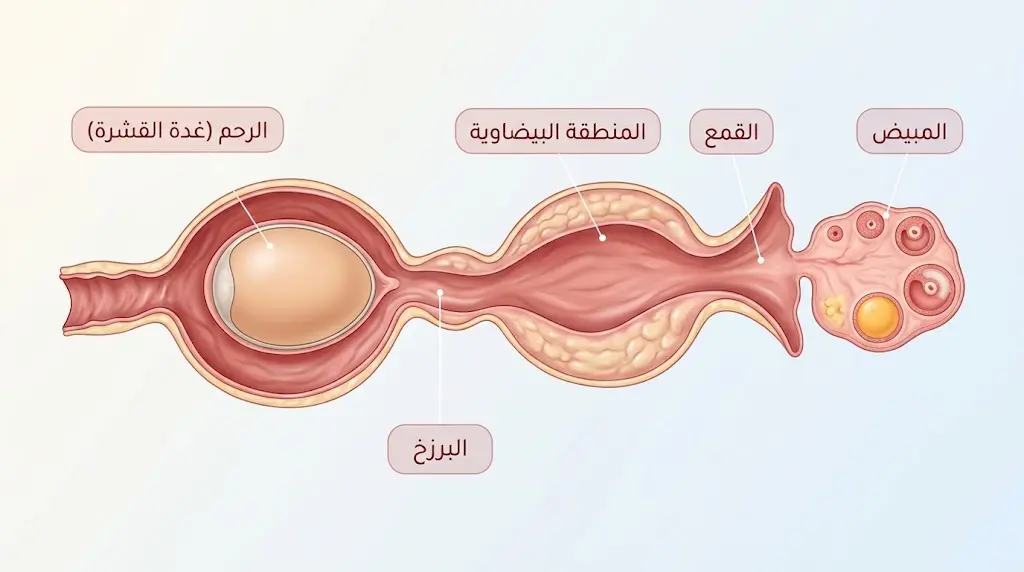 رسم بيطري واقعي يوضح تشريح الجهاز التناسلي للدجاجة البياضة ومراحل تكوين البيضة من المبيض إلى الرحم