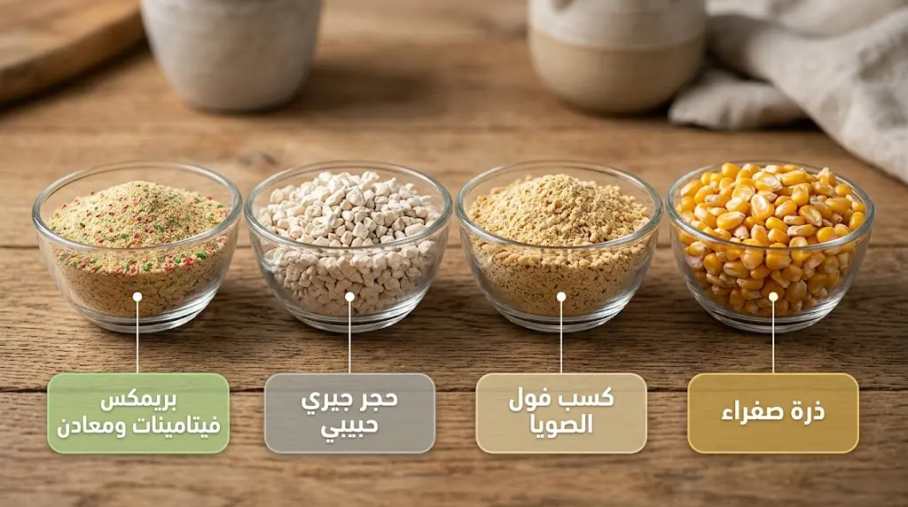 تصوير ماكرو لمكونات علف الدجاج البياض الأساسية: ذرة صفراء وكسب صويا وحجر جيري حبيبي وبريمكس فيتامينات ومعادن